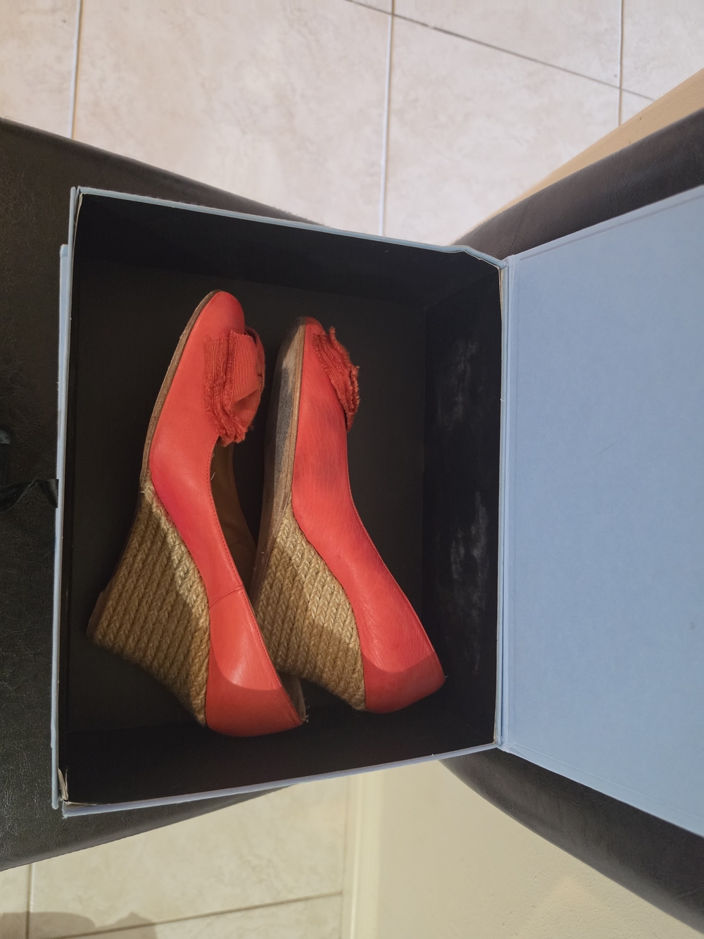 LANVIN Red/Orange Wedge Espadrille Heels with Rosette Detail - Women